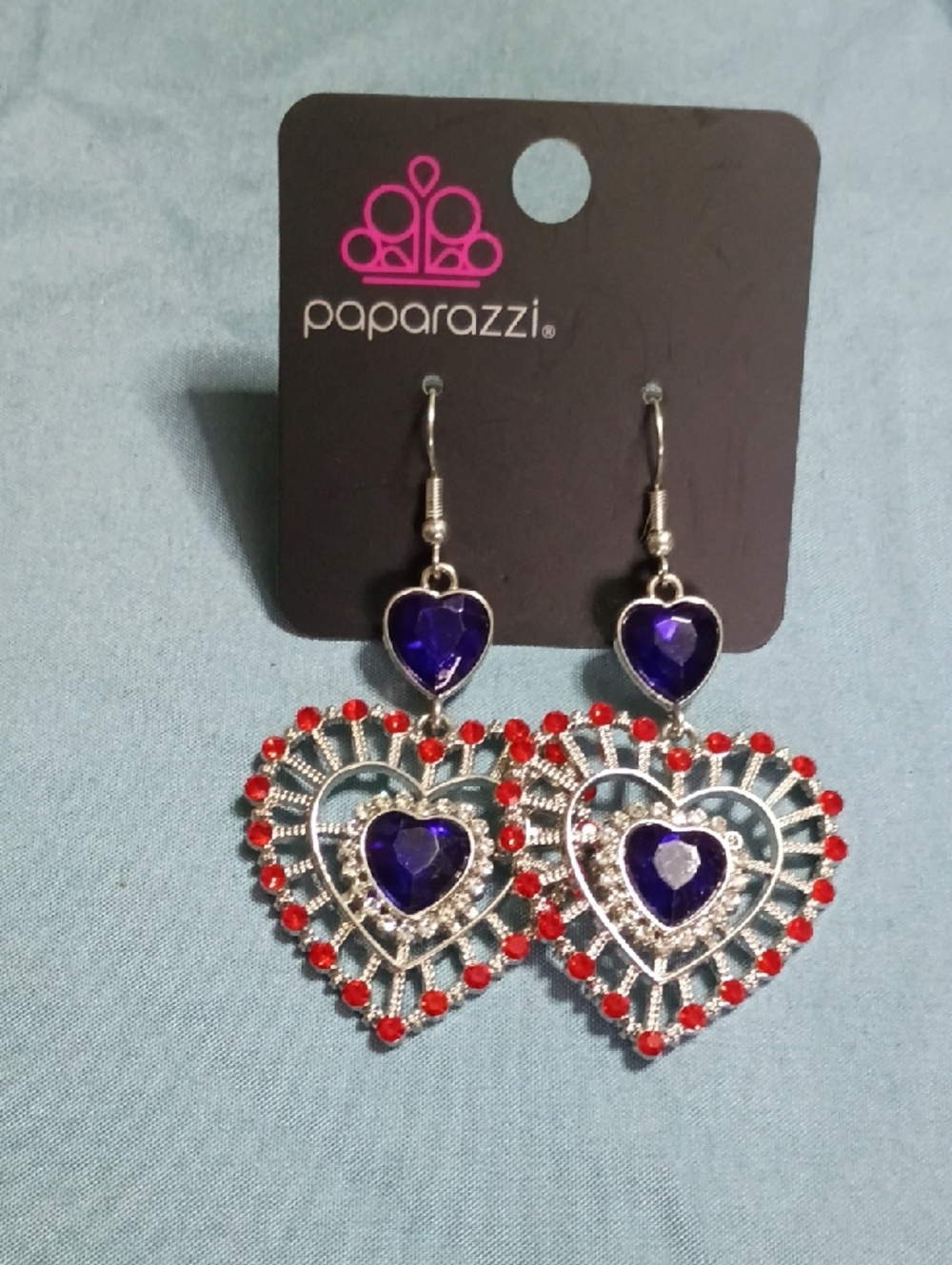 paparazzi Silver Heart Drop Earrings with Purple and Red Stones